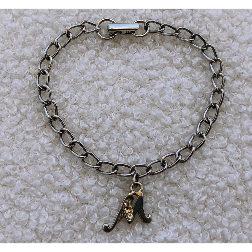 Vintage Silvertone Rhinestone Initial "M" Charm Bracelet 7 in